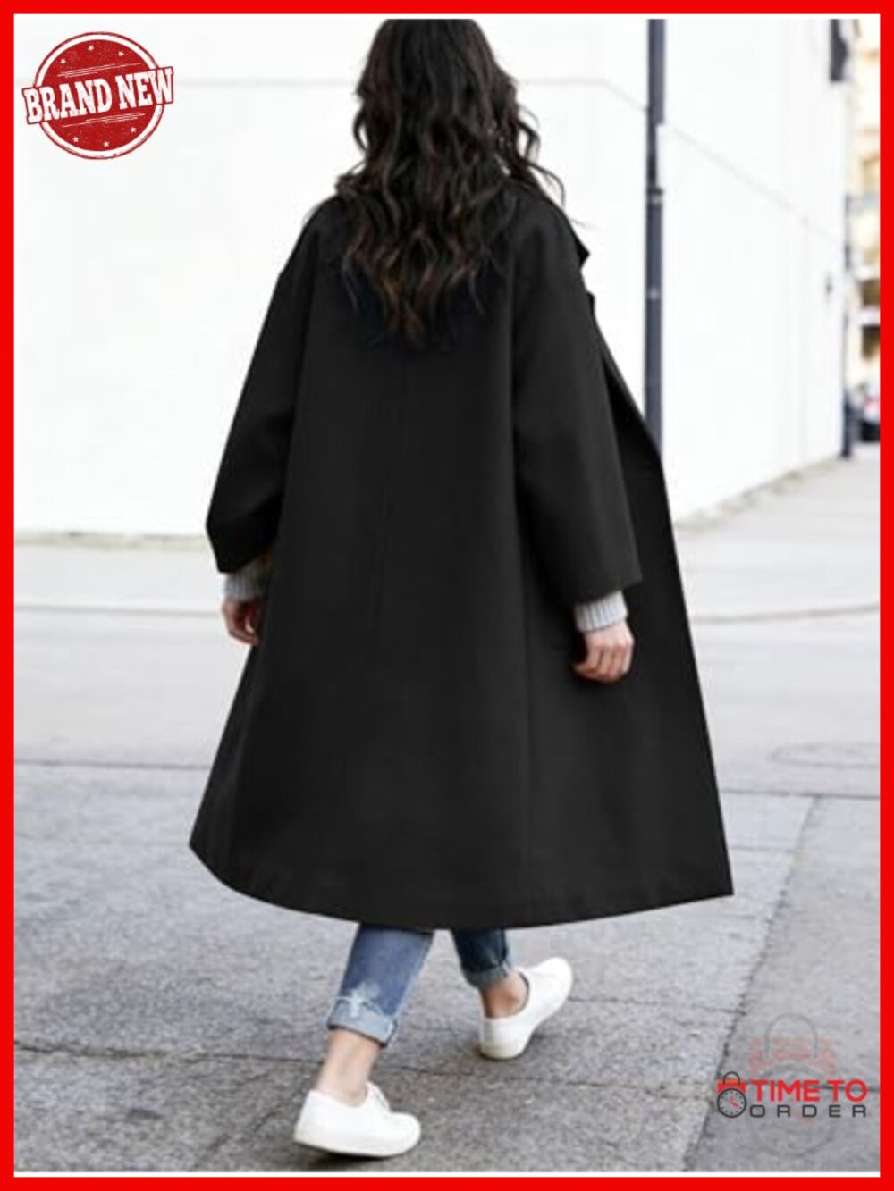 Women's Winter Wool Coat Notch Lapel Single Breasted Mid Long Pea Trench Coat - Picture 4 of 4